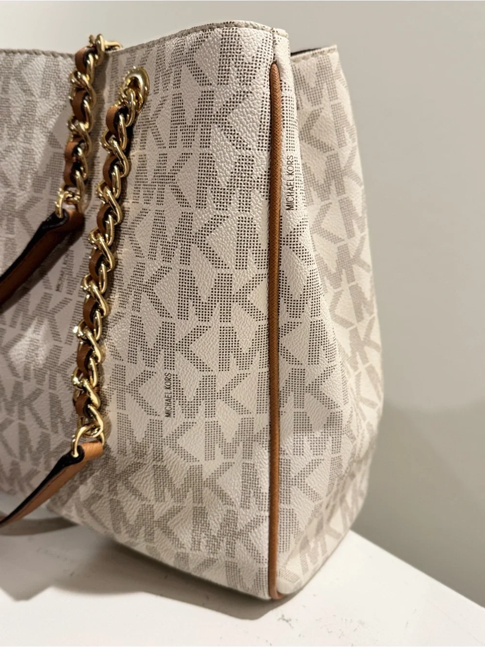 Michael Kors White/Brown Signature Costed Canvas and Leather Tote.